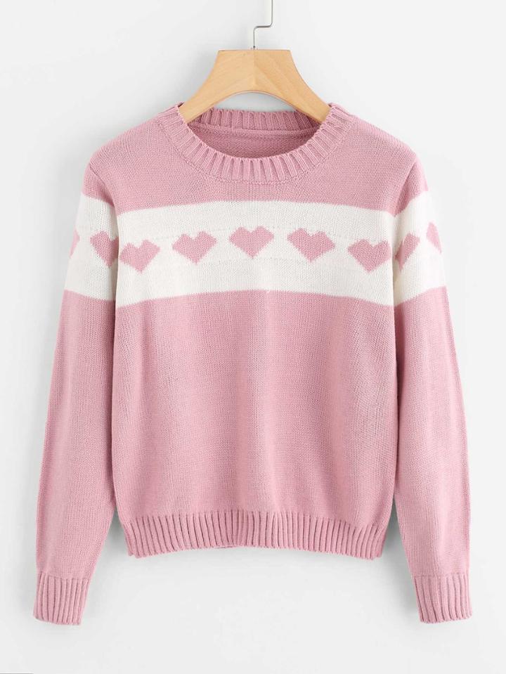 Romwe Color Block Heart Knit Sweater