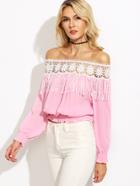 Romwe Pink Off The Shoulder Lace Fringe Elastic Hem Top