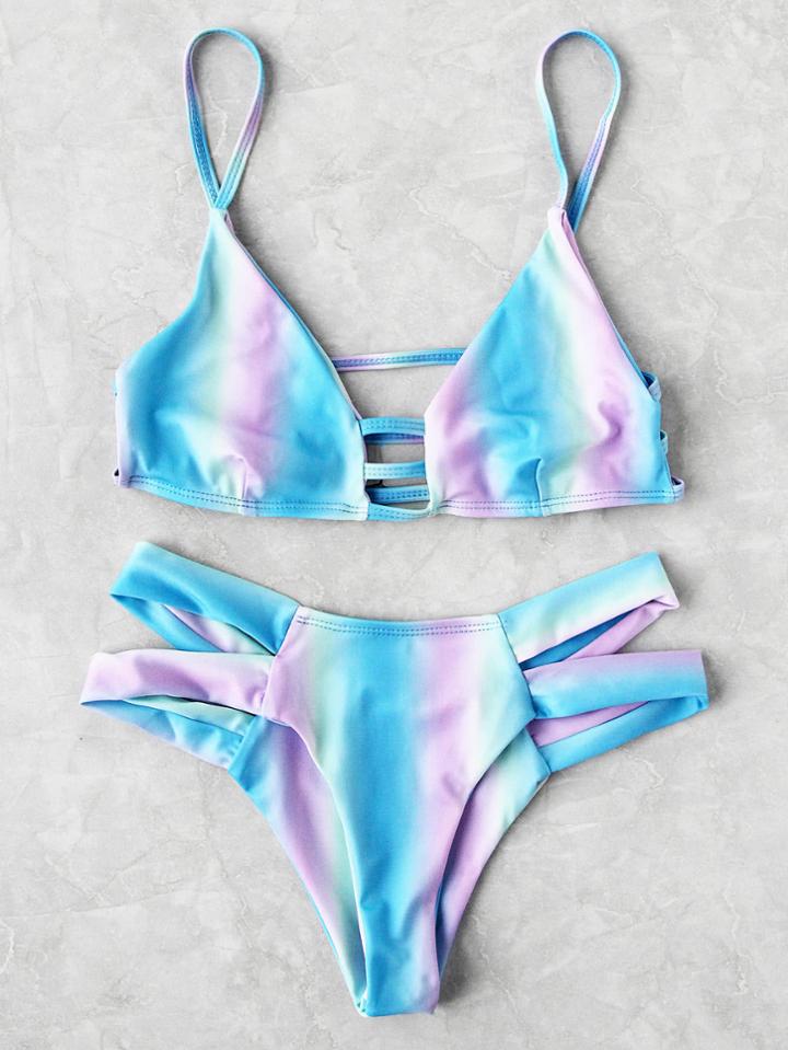 Romwe Ombre Ladder Cutout Bikini Set
