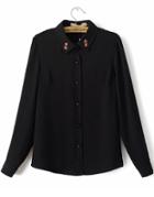 Romwe Lapel Embroidered Black Blouse