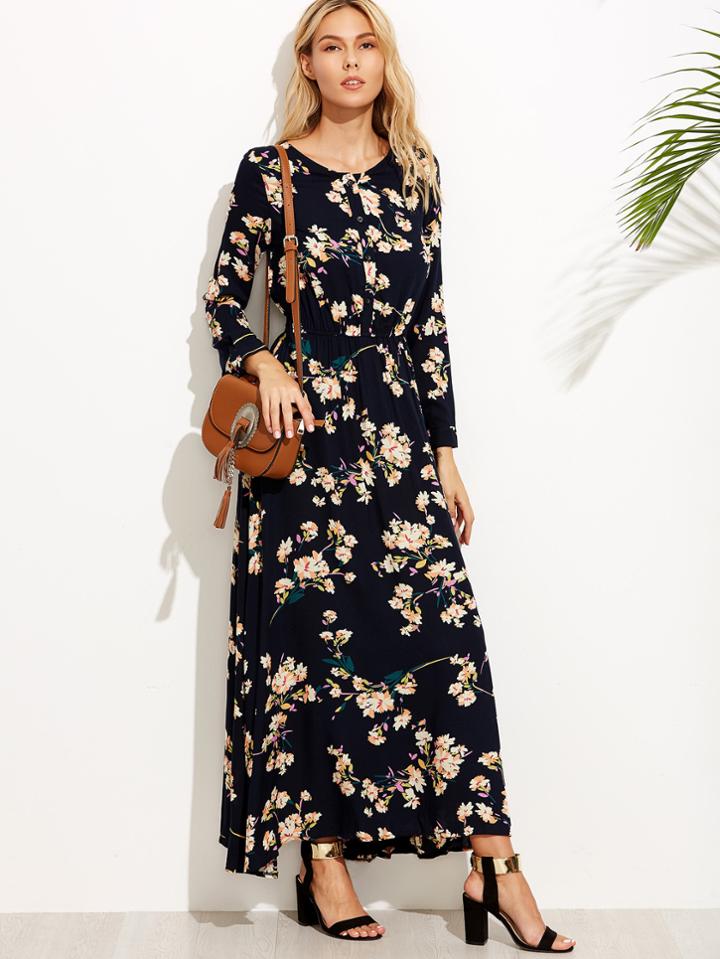 Romwe Calico Print Button Front Maxi Dress