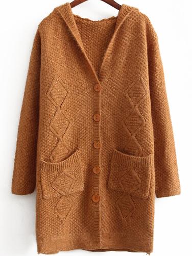 Romwe Hooded Buttons Pockets Khaki Coat