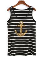 Romwe Sequin Anchor Striped Tank Top