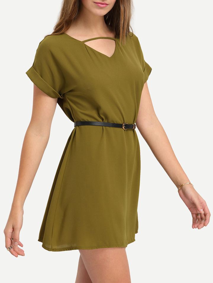 Romwe Cutout Neck Rolled Sleeve Dress With Belt