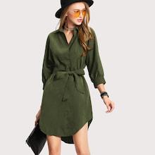 Romwe Self Tie Waist Solid Utility Shirt Dress
