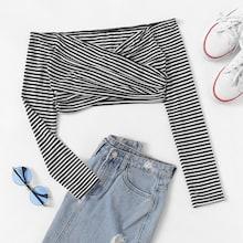 Romwe Bardot Crossover Striped Crop Top