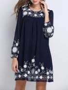 Romwe Navy Crew Neck Embroidered Shift Dress