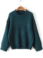 Romwe Green Drop Shoulder Loose High Low Sweater