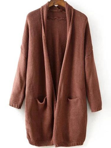 Romwe With Pocket Split Loose Rust Cardigan