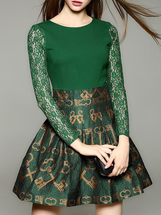 Romwe Green Round Neck Long Sleeve Contrast Lace Dress