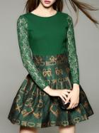 Romwe Green Round Neck Long Sleeve Contrast Lace Dress