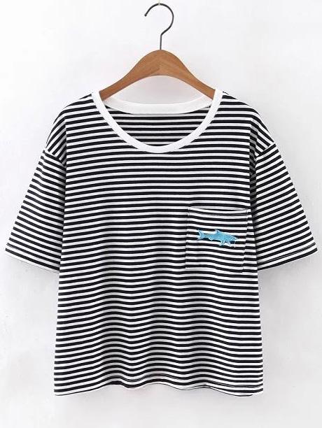 Romwe Blue Fish Embroidery Pocket Stripe T-shirt