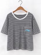 Romwe Blue Fish Embroidery Pocket Stripe T-shirt