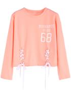 Romwe Pink Number Print Lace Up Front Crop T-shirt