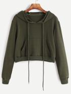 Romwe Army Green Drawstring Hooded Crop Sweatshirt With Pocket
