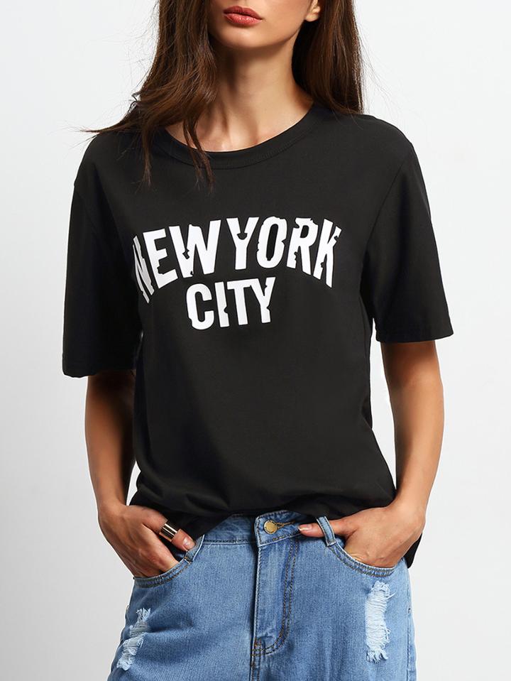 Romwe Black Letter Print Loose T-shirt