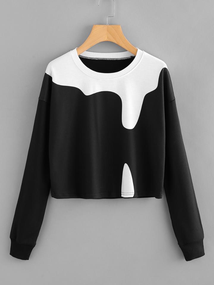 Romwe Cut And Sew Crop Sweatshirt
