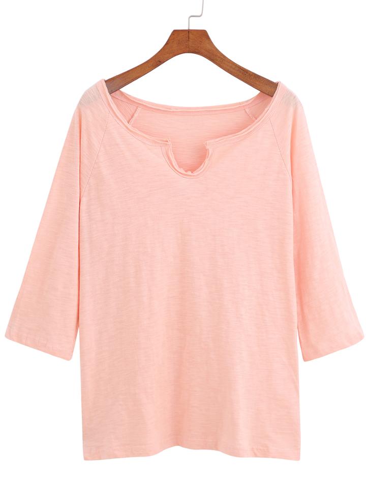 Romwe V Neck Pink T-shirt