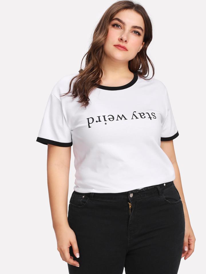 Romwe Contrast Trim Slogan Print Tee