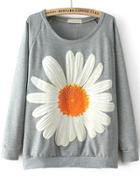 Romwe Sunflower Print Loose Grey Sweatshirt
