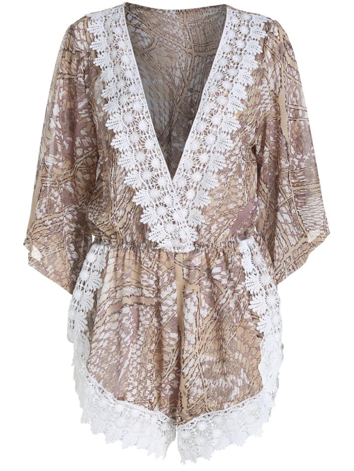 Romwe Contrast Lace Deep V Neck Print Yellow Romper