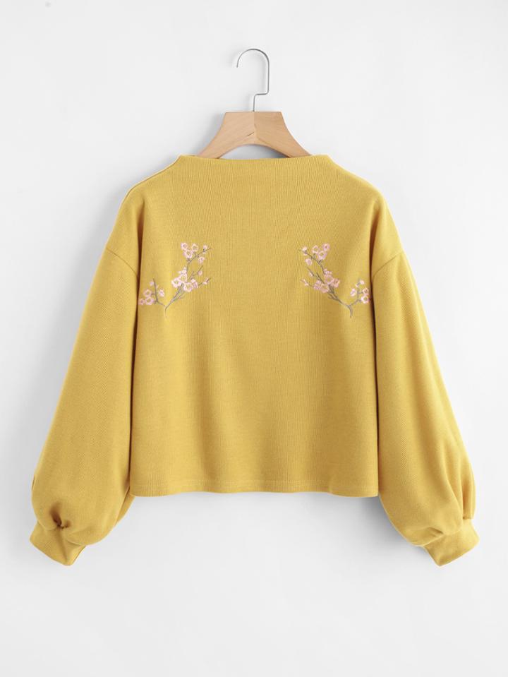 Romwe Bishop Sleeve Flower Embroidered Blouse