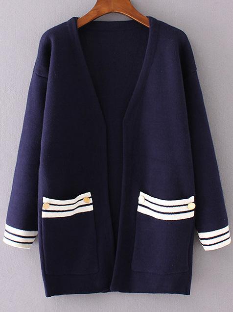 Romwe Navy Striped Trim Front Pocket Cardigan
