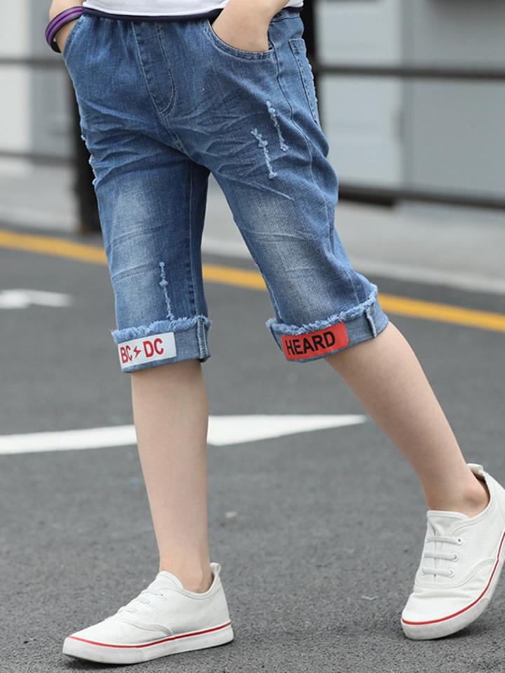 Romwe Letter Print Rolled Hem Denim Shorts