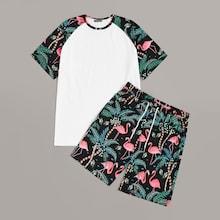Romwe Guys Tropical Print Raglan Sleeve Top & Shorts Set