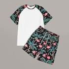 Romwe Guys Tropical Print Raglan Sleeve Top & Shorts Set