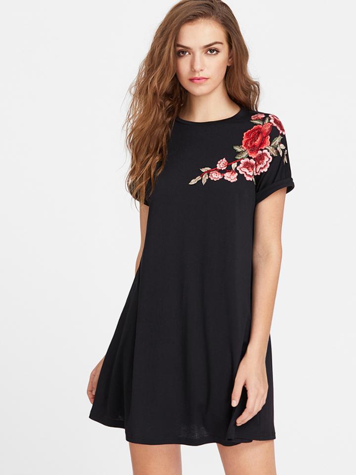 Romwe Embroidered Flower Patch Roll Cuff Swing Tee Dress