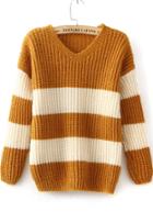 Romwe V Neck Striped Loose Khaki Sweater