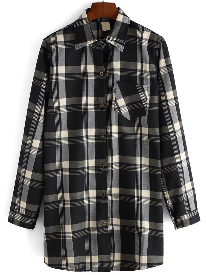 Romwe Lapel Plaid Buttons Pocket Long Black Blouse