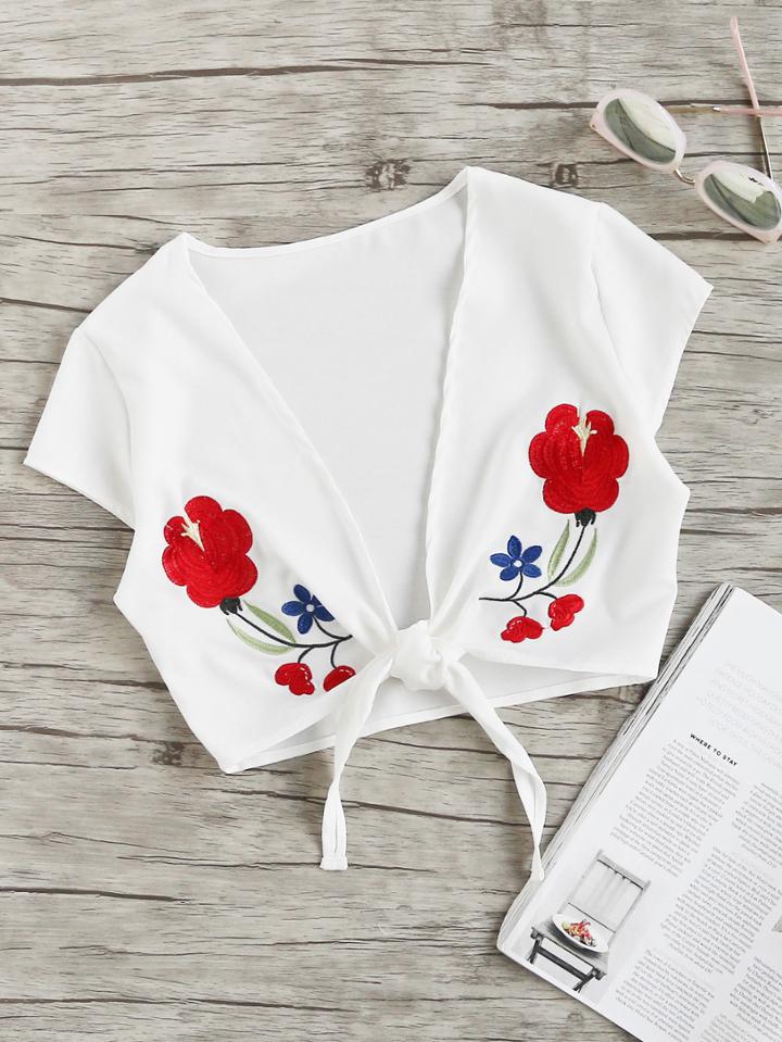 Romwe Floral Embroidered Open Front Knot Top
