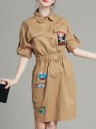 Romwe Khaki Green Elastic-waist Applique Pouf Pockets Dress
