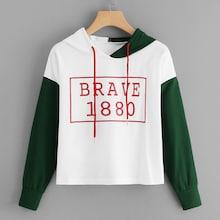 Romwe Letter Print Colorblock Drawstring Hoodie