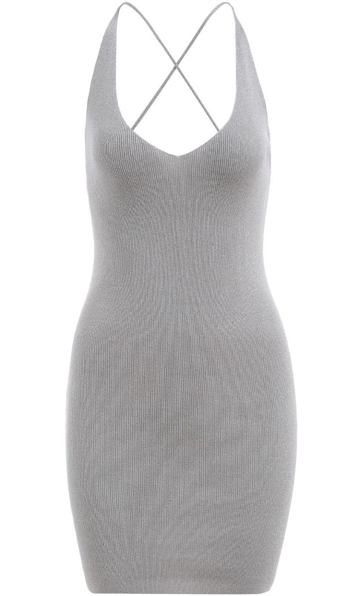 Romwe Silver Criss Cross Back Backless Bodycon Dress