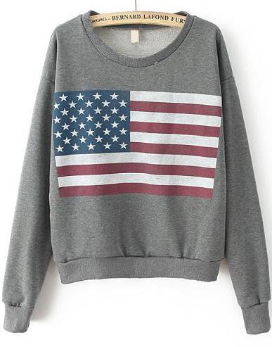 Romwe American Flag Print Crop Grey Sweatshirt