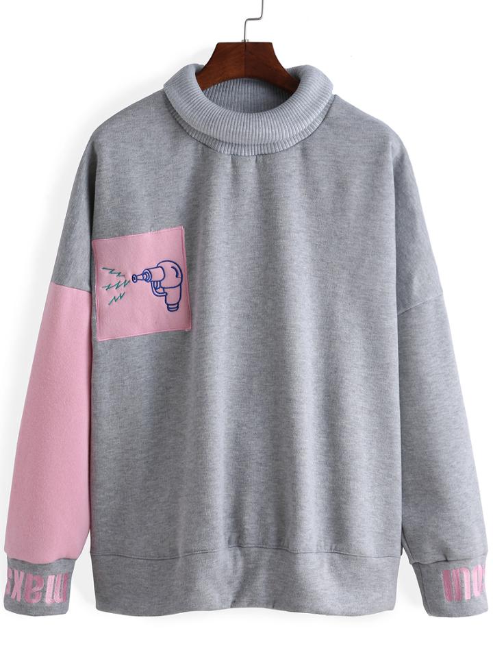 Romwe Turtleneck Color-block Embroidered Sweatshirt