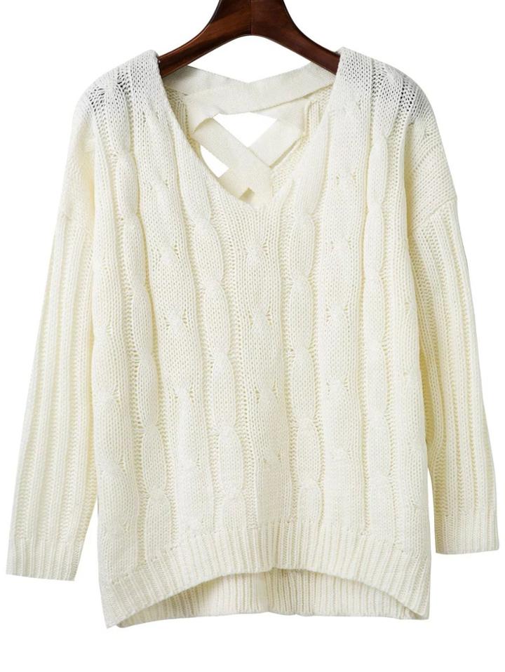 Romwe White Criss Cross Back V Neck Sweater