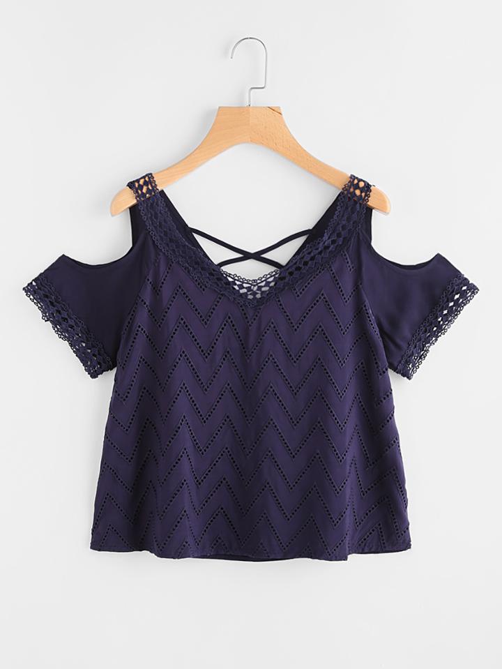 Romwe Open Shoulder Lace Trim Cross Back Chevron Blouse