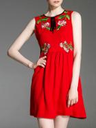 Romwe Red Tie Neck Embroidered A-line Dress