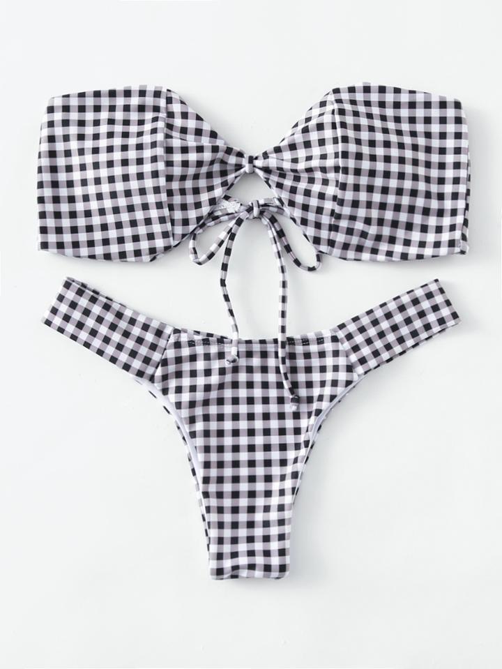 Romwe Gingham Bandeau Bikini Set