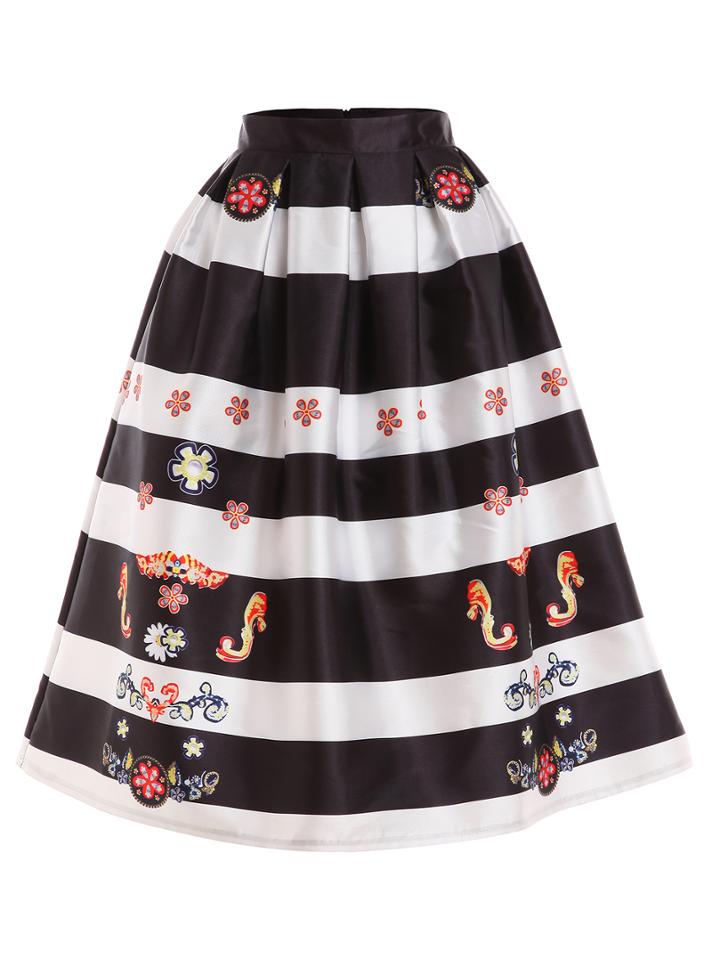 Romwe Flower Print Wide Striped Box Pleated Midi Skirt