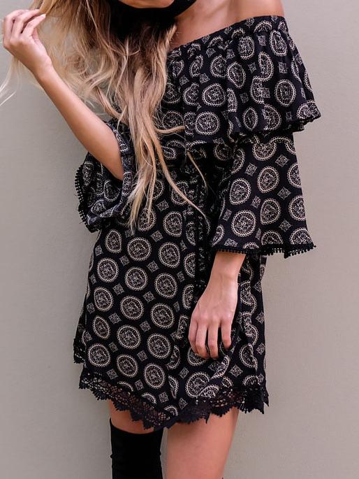 Romwe Black Circle Print Crochet Trim Off The Shoulder Dress