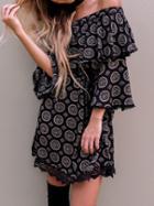 Romwe Black Circle Print Crochet Trim Off The Shoulder Dress