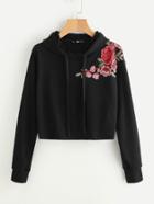 Romwe Embroidered Flower Patch Raw Hem Hoodie