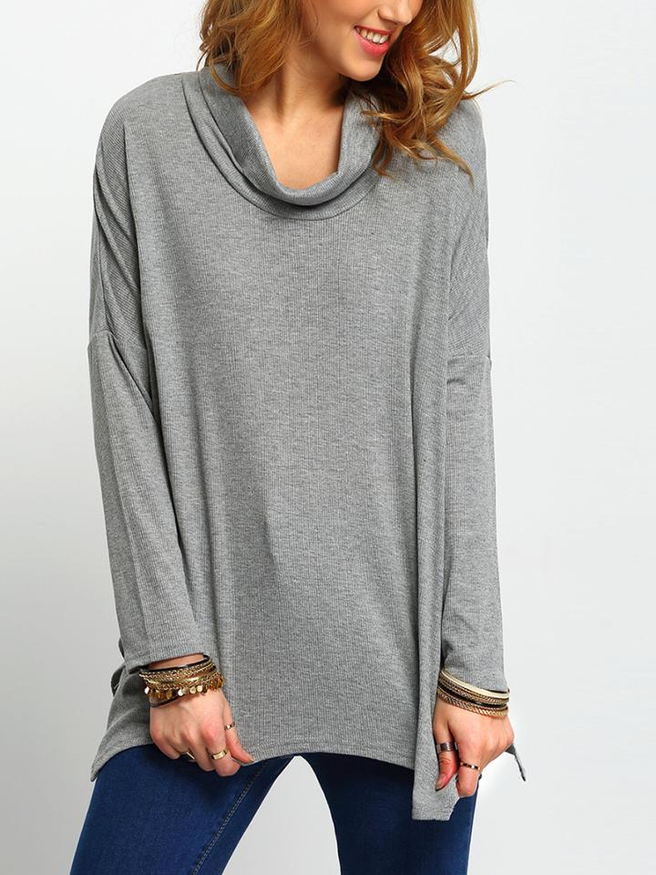 Romwe Grey Turtleneck Asymmetric T-shirt