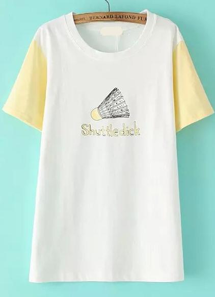 Romwe Contrast Sleeve Badminton Print Yellow T-shirt