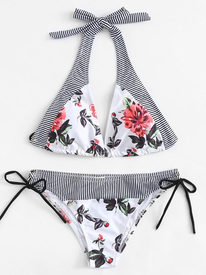 Romwe Flower & Striped Bikini Set